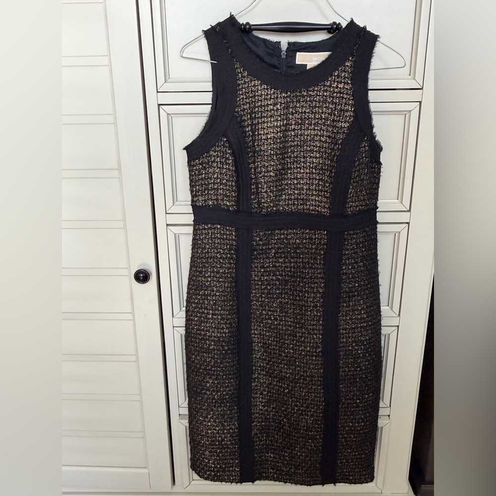 Michael Kors Black and Gold Tweed Midi Dress